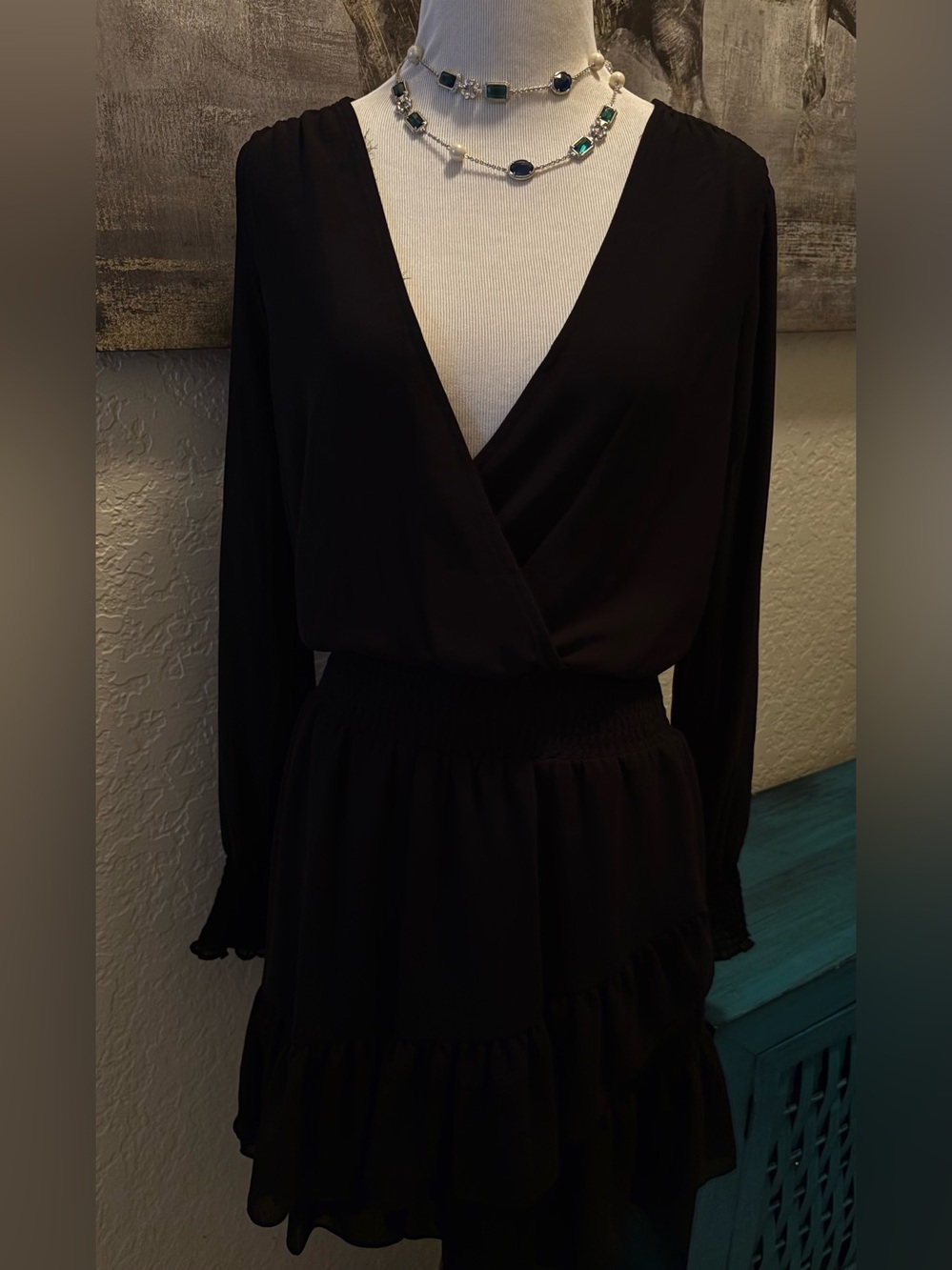 Michael Kors Black Long-Sleeve V-Neck Tiered Dress
